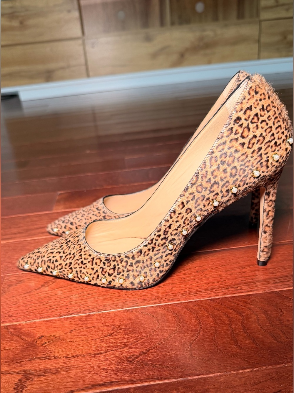 Stuart Weitzman Leopard-Print Pointed Toe Studded Pumps - Tan/Black - Picture 3 of 7